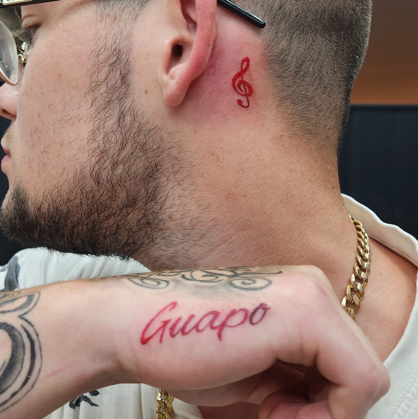 Red Treble Clef & Script Tattoos